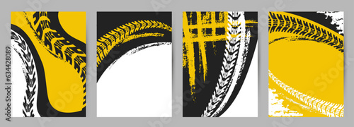Racing track posters, car or motorbike running inspiring banners. Tire shapes silhouettes, motosport or race neoteric vector background graphic art