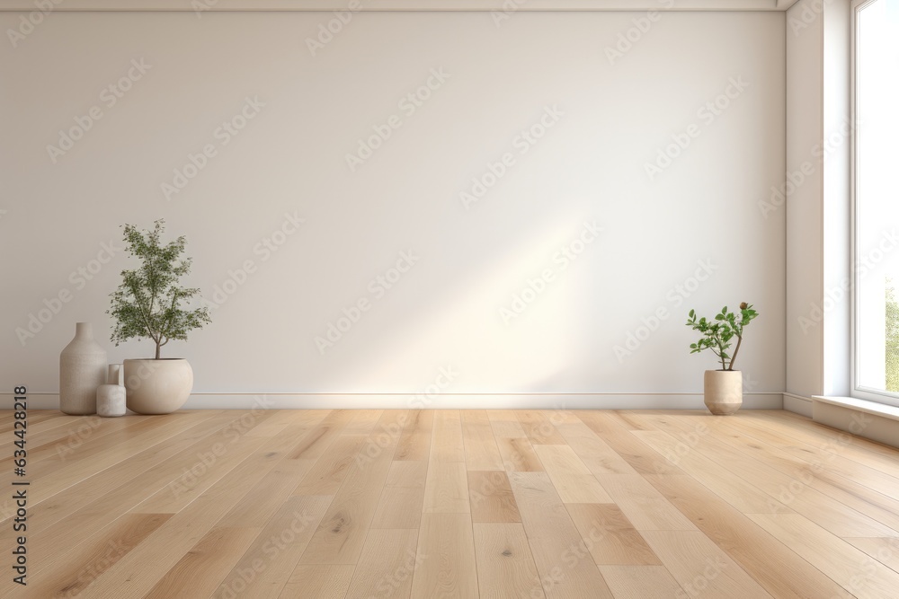 Empty room and wall and wooden floor with interesting with glare from the window. Interior background for the presentation. Generative AI Empty room and wall and wooden floor with interesting with glare from the window. Interior background for the presentation. Generative AI