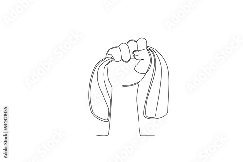 Front view of a hand holding a flag. Youth pledge one-line drawing