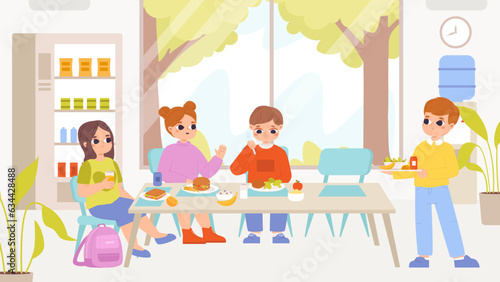 Children group on lunch or breakfast together. Primary school or preschool characters. Kids eating food in canteen, snugly cartoon vector friends