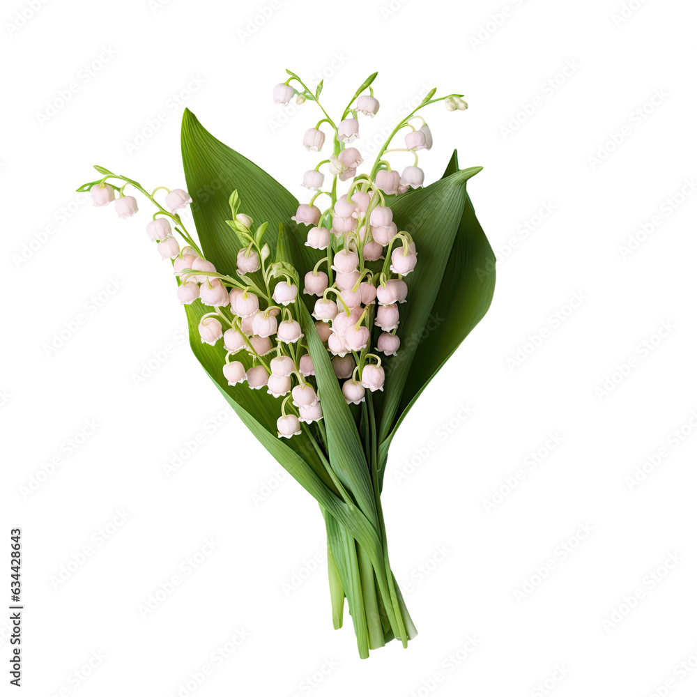 Selective focus on a transparent background with lilies of the valley a spring floral arrangement - obrazy, fototapety, plakaty 