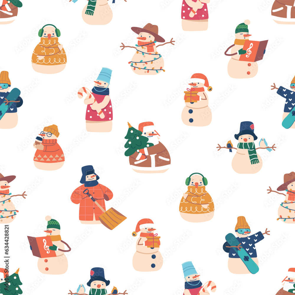 Snowmen In Various Poses And Clothes Create A Charming Seamless Pattern. Winter-themed Repeated New Year Design Snowmen In Various Poses And Clothes Create A Charming Seamless Pattern. Winter-themed Repeated New Year Design