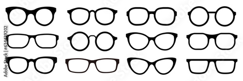 Set black spectacles. Eyeglasses and sunglasses collection vector illustration. Vintage, classic and modern style glasses rim silhouette. Stylish male and female optical accessories isolated.