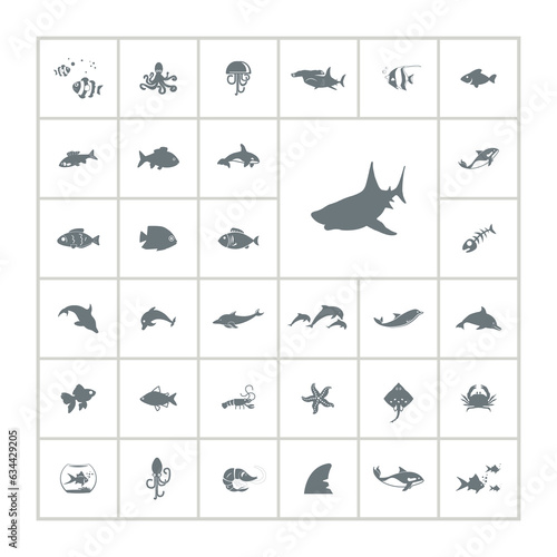fish icon set with shark, orca, starfish, sea animals