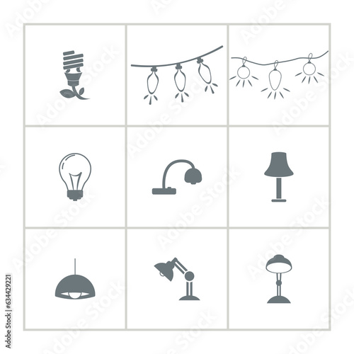 lamp icon set with table lamp, desk lamp and bulb