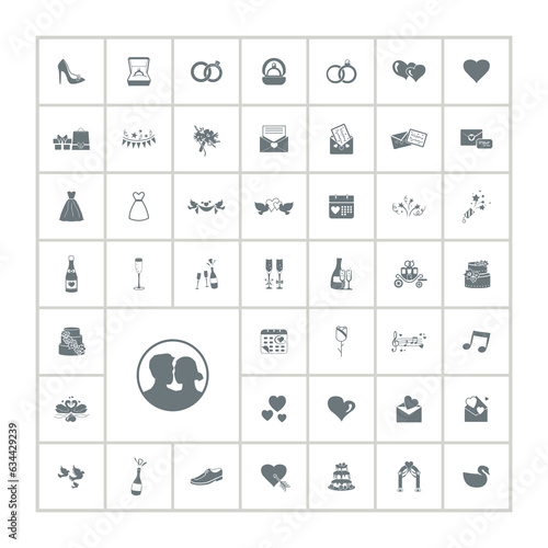 love icon set with bridal dress, ring, heart, event invitation