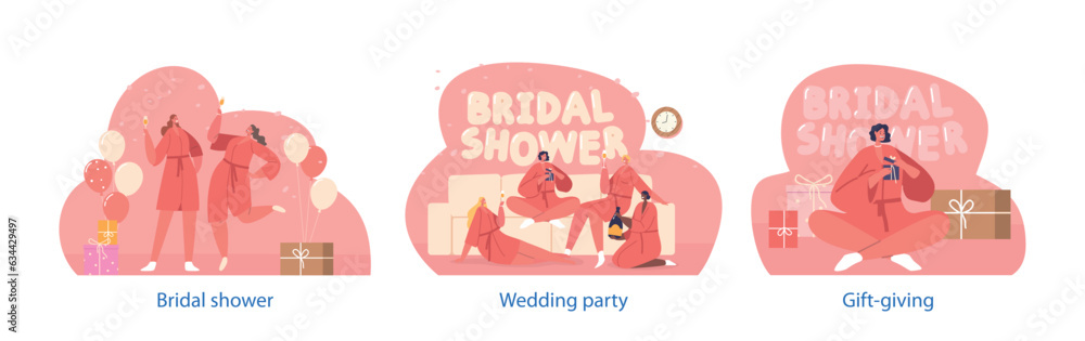 Isolated Elements with Female Characters Celebrate Bridal Shower. Celebratory Event For The Bride-to-be With Gifts Isolated Elements with Female Characters Celebrate Bridal Shower. Celebratory Event For The Bride-to-be With Gifts