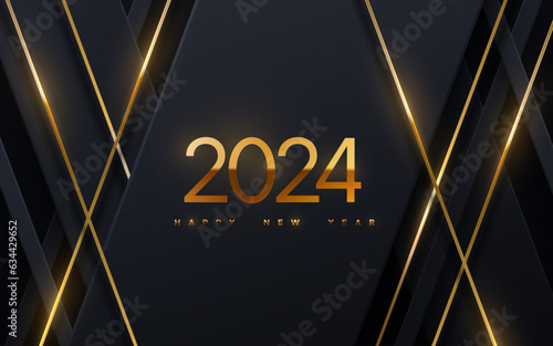 Happy New 2024 Year. Vector holiday illustration of golden numbers 2024 on black geometric background