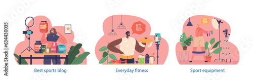 Isolated Elements with Influencer Characters Promote Sports Equipment and Food, Showcasing Product Features