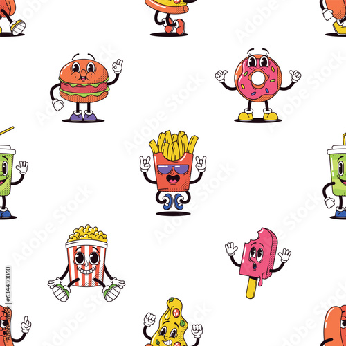 Cartoon Vibrant Seamless Pattern Featuring Adorable Fast Food Characters Like Burger, French Fries, And Soda Cup