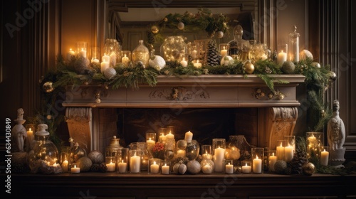 tinsel draped gracefully across a fireplace mantel fireplace with christmas decorations