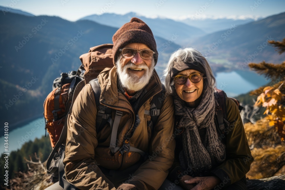 At the mountain's zenith, an aged man and woman in trekking gear share a triumphant moment, their journey's pinnacle echoing years of shared adventures.