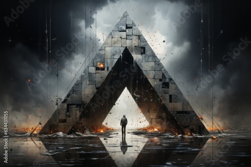 Sharp, defined geometric shapes such as squares and triangles gradually disintegrate into scattered particles, symbolizing structure's collapse into chaos.