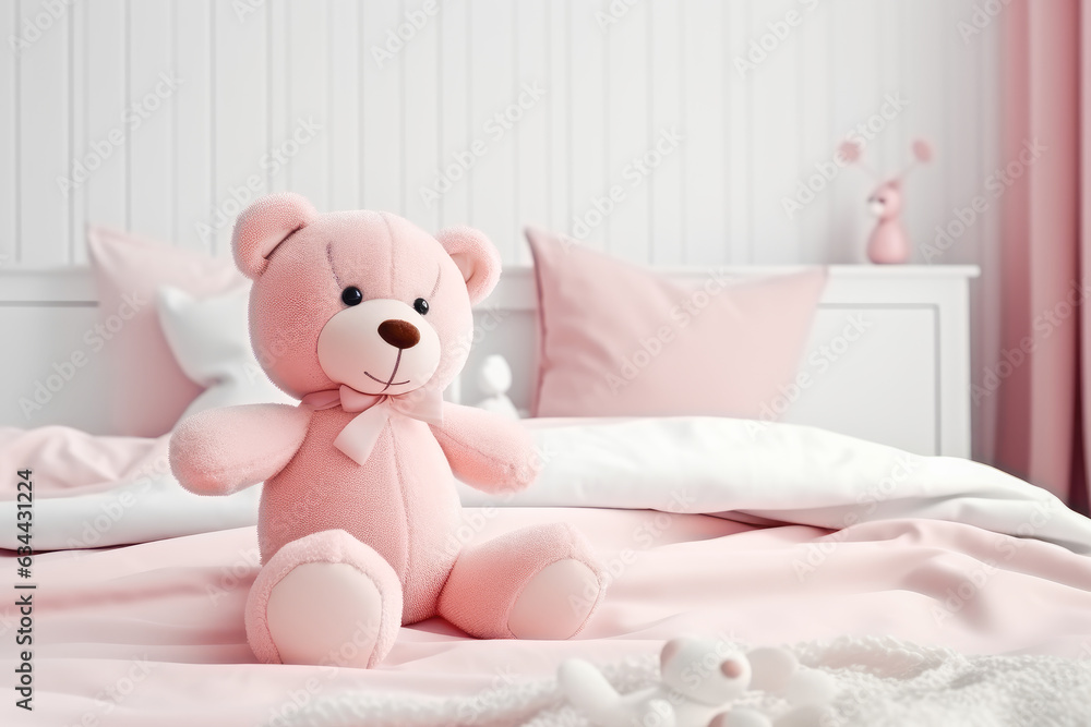 Pink plush bear sits on bed in pink girls room. Generative AI. 