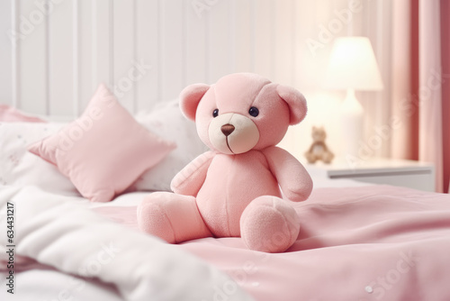 Pink plush bear sits on bed in pink girls room. Generative AI. 