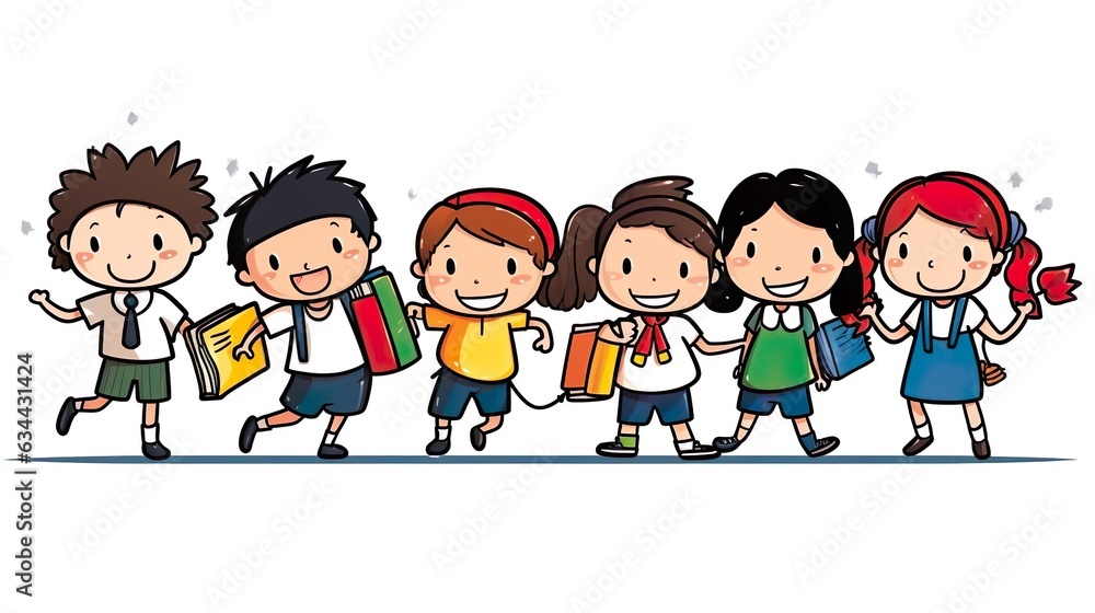 Happy kids and school supplies. Group of girls Happy kids and school supplies. Group of girls