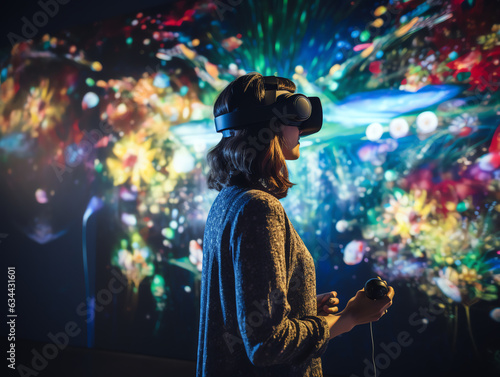 Woman using virtual reality headset  looking around at interactive technology exhibition with multicolor projector light illumination