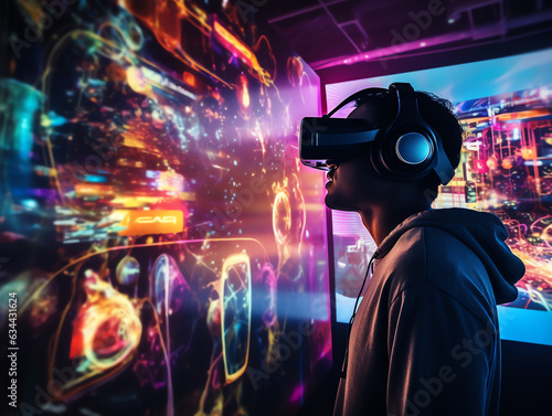 Young Man using virtual reality headset, looking around at interactive technology exhibition with multicolor projector light illumination