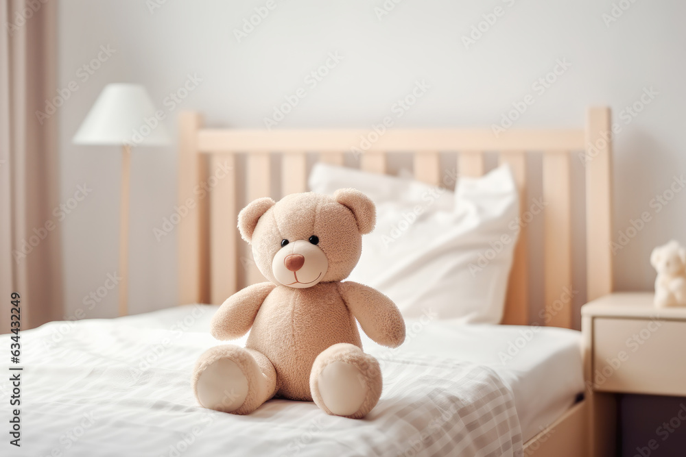 Beige plush bear sits on bed in neutral boy`s or girl`s room. Generative AI. 