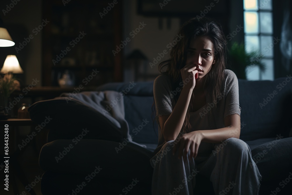 Generative by AI. Sad woman suffering depression insomnia awake and sit alone in the living room. sexual harassment and violence against women, health concept. - obrazy, fototapety, plakaty 