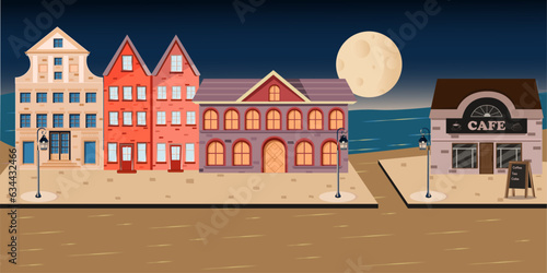 evening on the town, full moon, torches burning at night, moon, night, lamp, overnight , building, cafe, coffee, cakes, houses, the street at  night