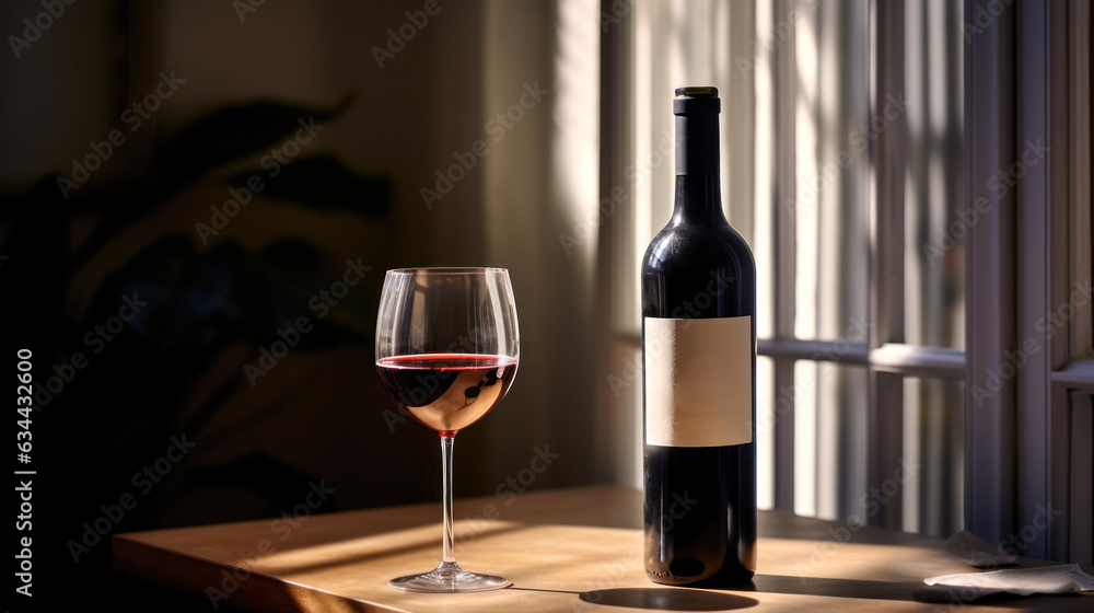 bottle of red grape wine and glass on table generative ai