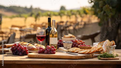 festive table with tasty wine and appetizers on French grape plantations generative ai