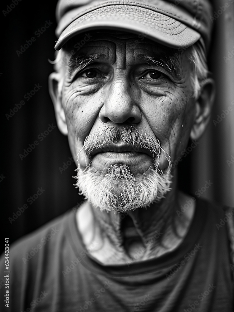black and white photograph of a man with a beard wearing a baseball cap ...