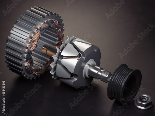 Rotor and stator of car alternator generator or electric motor on black background.