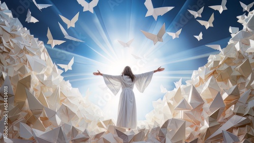 Ascensión de Jesucristo. hijo de dios en el cielo. Arte papel origami photo