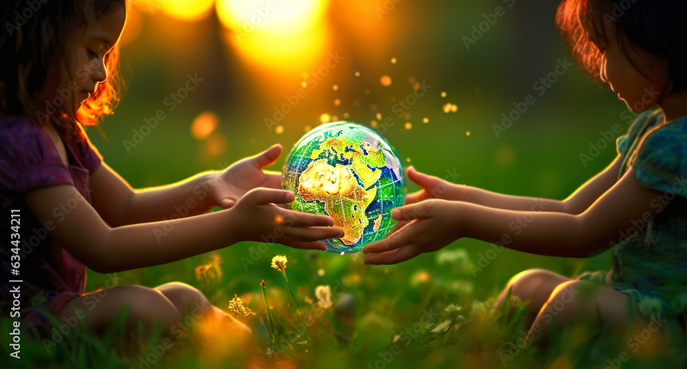 Children holding planet earth over defocused nature background with ...
