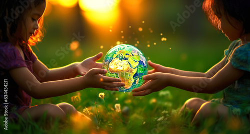 Children holding planet earth over defocused nature background with copy space. multiracial girls holding world in hands against green spring background. Earth day concept.