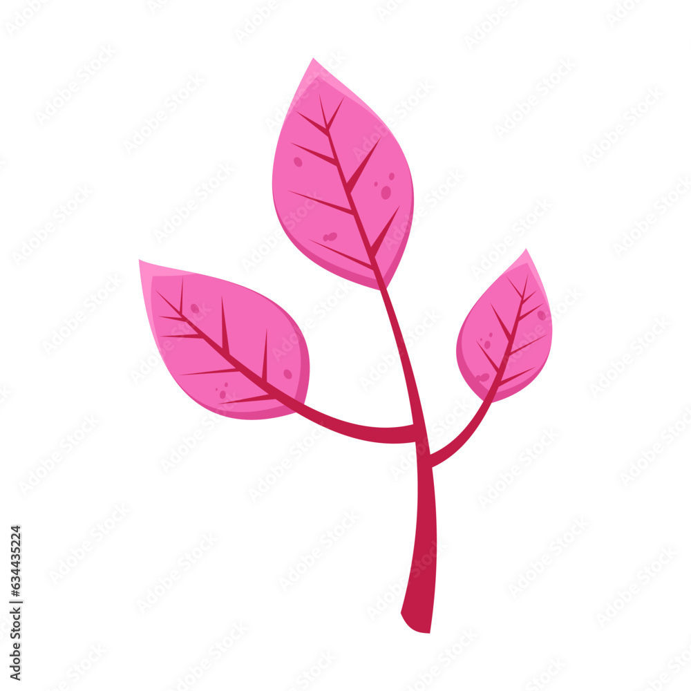 Pink autumn leaves on twig flat vector illustration. Cartoon drawing of floral autumnal element, pink leaves, branch. Autumn decoration, nature concept.