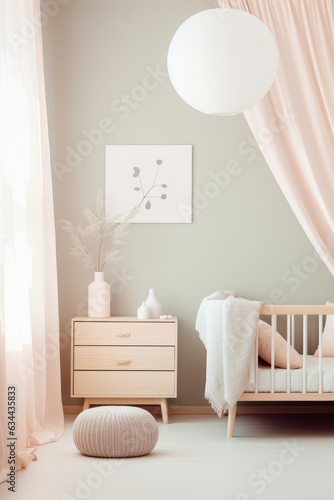 Neutral colored nursery interior with a calming and minimalist vibe. Generative AI.