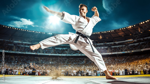 Karateka in dynamic motion executes a high kick, surrounded by an enthusiastic audience at the stadium. World Karate Championship. Banner. Generative Ai content photo
