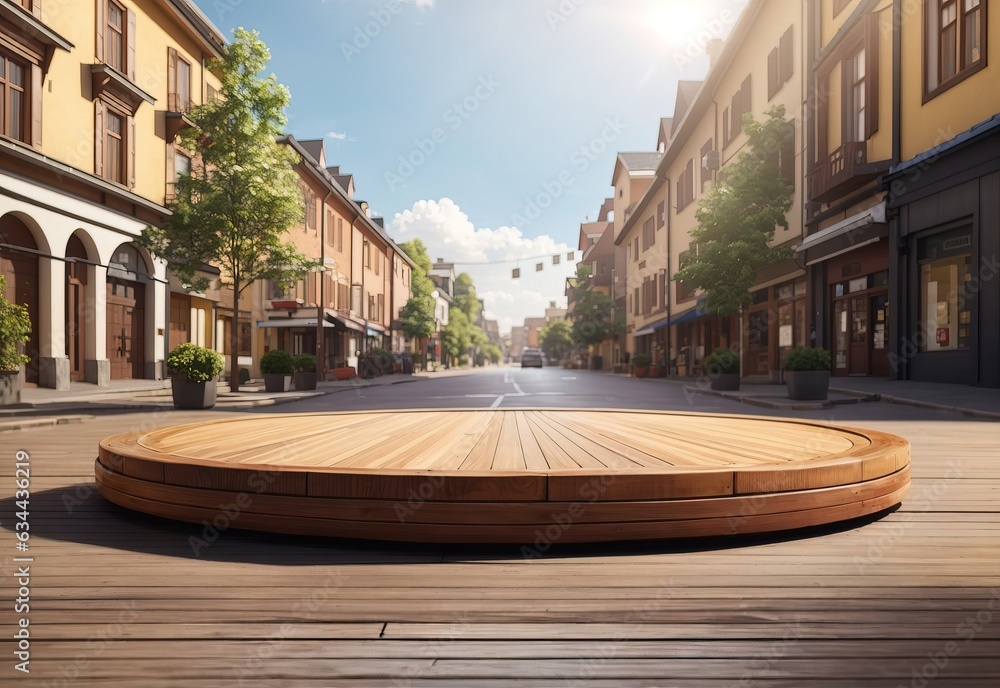 A circle wooden platform with a street in the background