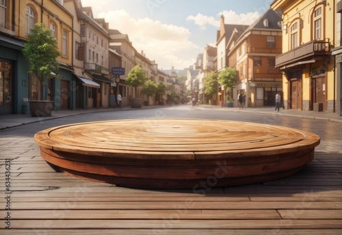 A circle wooden platform with a street in the background