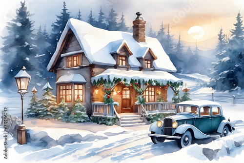 Vintage Christmas card in a watercolor style. Retro car next to an old house decorated for Christmas on the background of the forest. Christmas Eve. Beautiful winter scene.