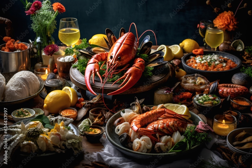 Seafood platter with lobster, shrimp, mussels, shrimps, mussels, squidpus, crab, shrimp, squid, shrimp, fish, musselpus, mussels, squid. Seafood and healthy eating concept.