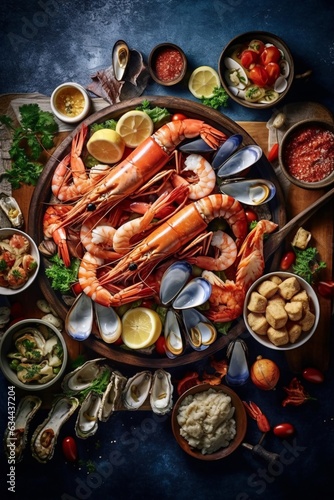 Seafood platter with lobster, shrimp, mussels, shrimps, mussels, squidpus, crab, shrimp, squid, shrimp, fish, musselpus, mussels, squid. Seafood and healthy eating concept.