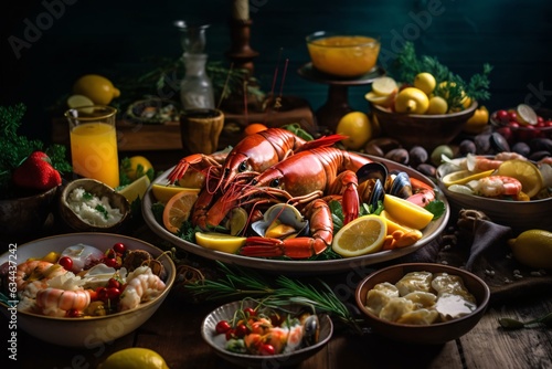 Seafood platter with lobster, shrimp, mussels, shrimps, mussels, squidpus, crab, shrimp, squid, shrimp, fish, musselpus, mussels, squid. Seafood and healthy eating concept.