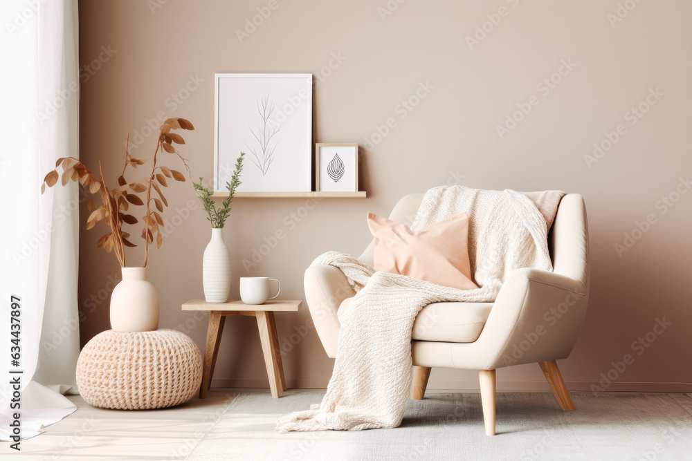 A comfortable and cozy interior in beige colors with a plush armchair. Generative AI. - obrazy, fototapety, plakaty 