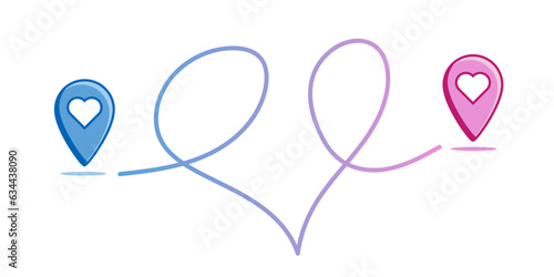 Vector illustration of a path of two navigation points with a heart inside in a romantic style, female and male path