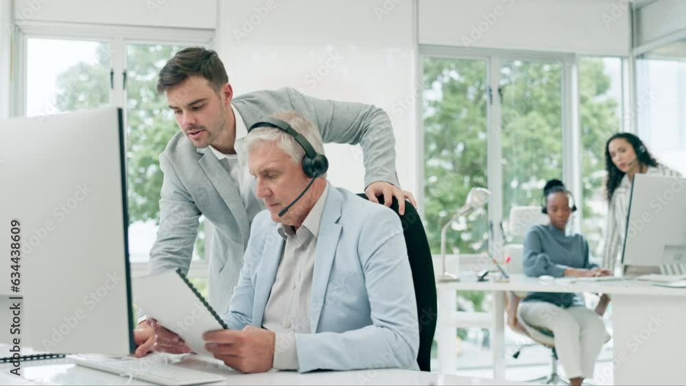 Call center, documents and business men on computer, financial support or advice, helping and solution in workspace. Professional people, consultant manager or executive for sales review and feedback Call center, documents and business men on computer, financial support or advice, helping and solution in workspace. Professional people, consultant manager or executive for sales review and feedback