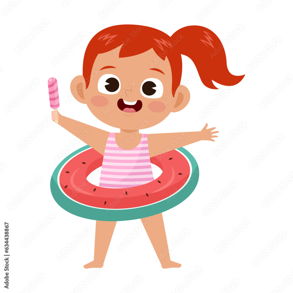Cute girl with inflatable ring and ice cream flat vector illustration. Happy cartoon kid on vacation. Summer activities concept Cute girl with inflatable ring and ice cream flat vector illustration. Happy cartoon kid on vacation. Summer activities concept