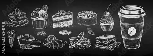 Chalk sketh vector illustration collection of desserts and bakery on chalkboard background