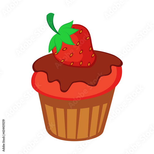 Strawberry cupcake with berry vector illustration. Cartoon drawing or sticker of tea time element isolated on white background. Desserts, pastry concept