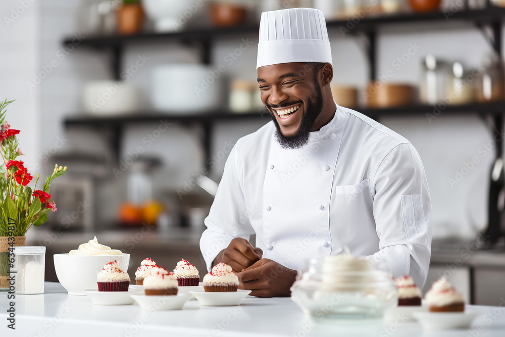 African american pastry chef man preparing desserts in a professional kitchen. Stock Photo