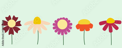 Set of five cartoon flowers with brightly colored petals. Vector illustration for cover design, postcard, children's clothes design