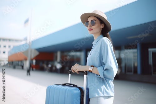 Young woman with a suitcase at the train station or at the airport